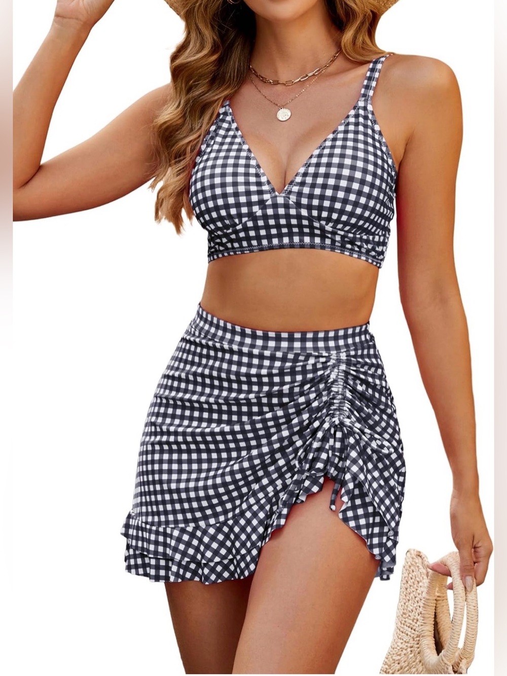 0155: Gingham Black & White Bikini Set with Ruched Skirt